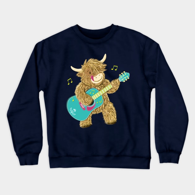 Cute Scottish Highland Cow Plays Guitar Crewneck Sweatshirt by brodyquixote